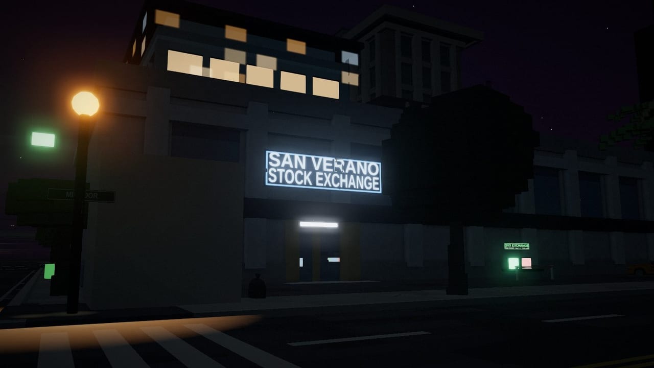 The San Verano Stock Exchange at night (grift.world)
